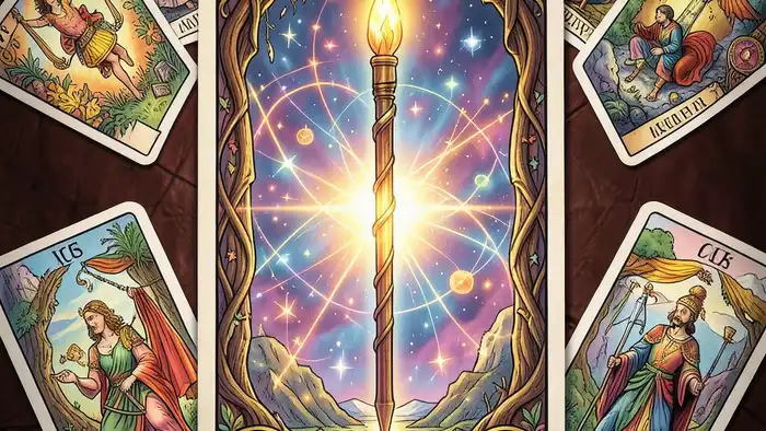 Туз Жезлов сочетание таро – иллюстрация карты с окружением других карт