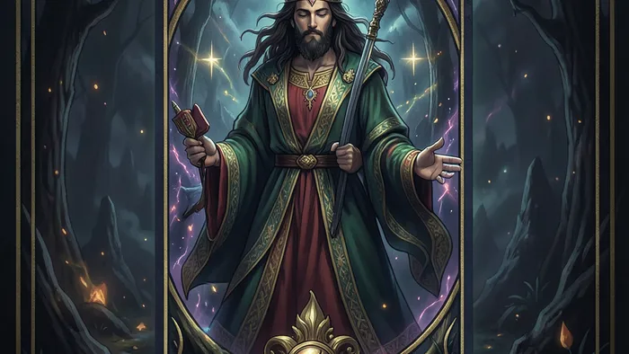 Туз Жезлов Таро — горящий факил как символ творческой искры и нового начала в руке на фоне цели-замка