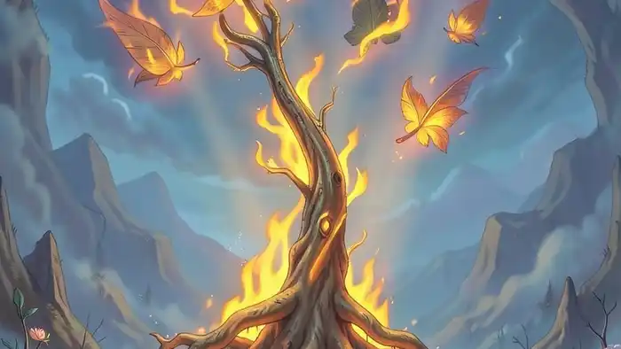 Туз Жезлов Таро — огненный жезл с корнями и пламенем, символ начала действия