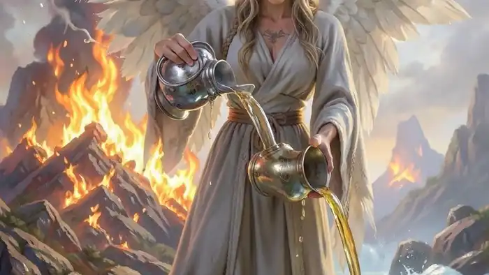 Умеренность действия таро — карта Аркана, изображающая ангела, переливающего воду между огнём и водой