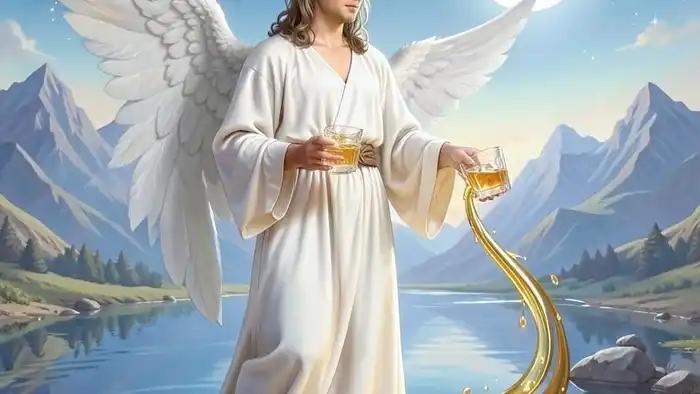 Умеренность действия таро — Аркан XIV, изображение ангела с кубками, символизирующего баланс и трансмутацию энергии