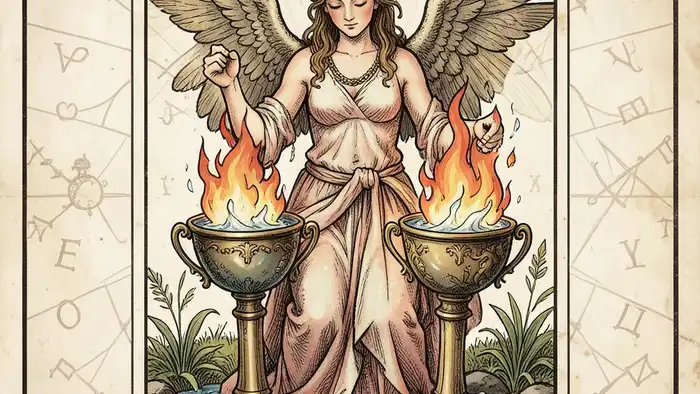Умеренность таро — символический образ ангела, соединяющего огонь и воду
