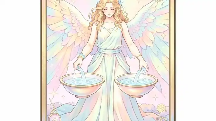 Умеренность таро — изображение карты с ангелом, смешивающим воду