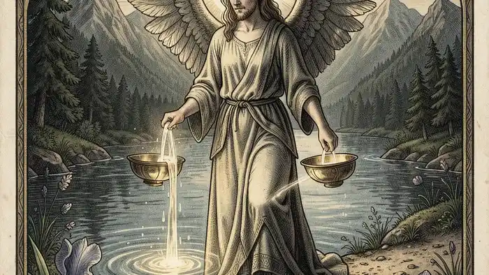 Умеренность Таро: ангел переливает воду между чашами как символ алхимии и гармонии