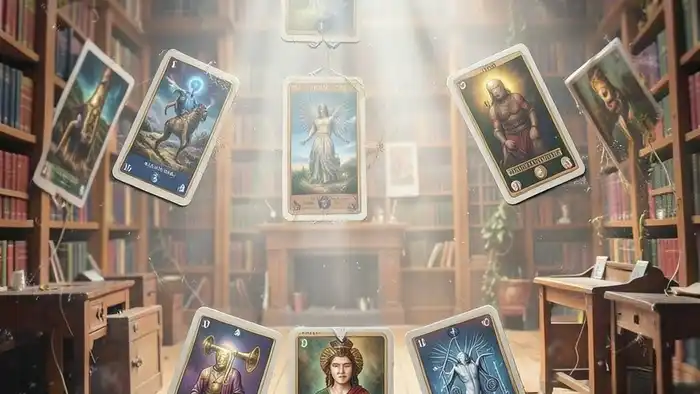 Универсальный расклад Таро с 10 картами, выложенные в классической схеме, включая архетипы Маг, Повешенный, Смерть и Дьявол