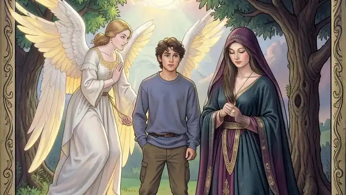 Влюбленные архетип таро — карта с изображением мужчины между ангелом и женщиной, символизирующая внутренний выбор между разумом и инстинктом