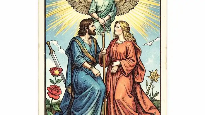 Влюбленные хар��ктеристика таро – изображение карты с символикой выбора и союза