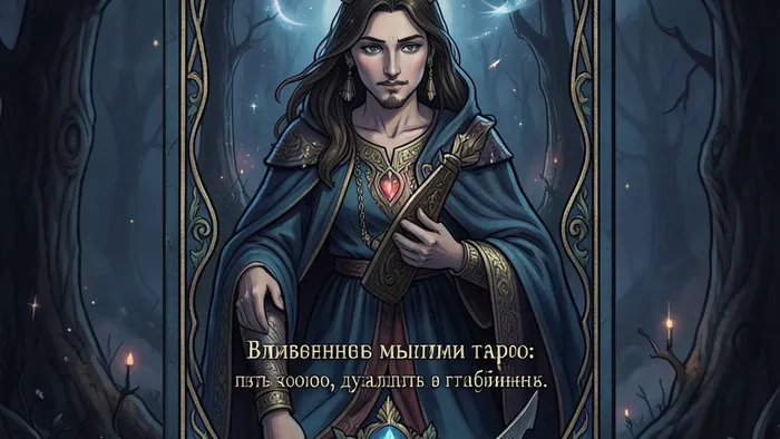 Влюбленные мысли таро — мистическая иллюстрация аркана Влюбленные с Адамом, Евой и ангелом, символизирующая выбор и дуальность