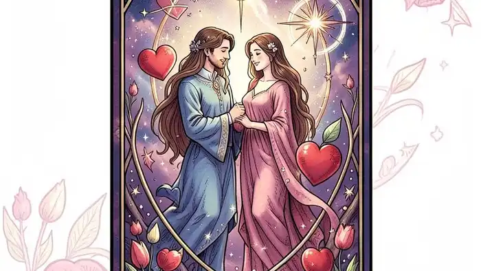 Влюбленные таро на любовь – изображение карты Влюбленные с романтической символикой