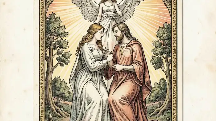 Влюбленные Таро — иллюстрация карты с парой под ангелом