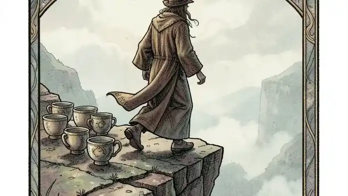 Восьмерка Кубков изображение карты таро, уходящий человек от восьми чаш