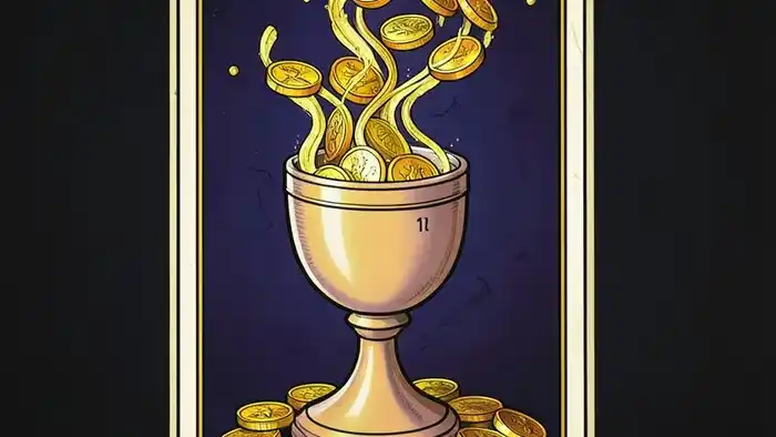 Восьмерка Кубков на деньги таро изображение карты с золотыми монетами