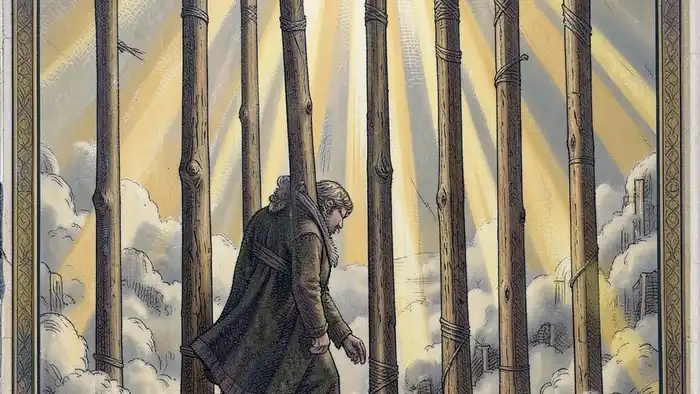 Восьмерка Жезлов совет карты таро — изображение человека, идущего вдоль восьми жезлов, символизирующих устойчивое движение и фокус