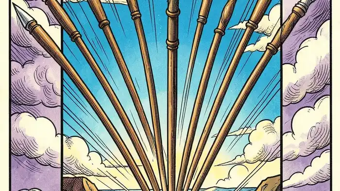 Восьмерка Жезлов таро — изображение карты с летящими жезлами