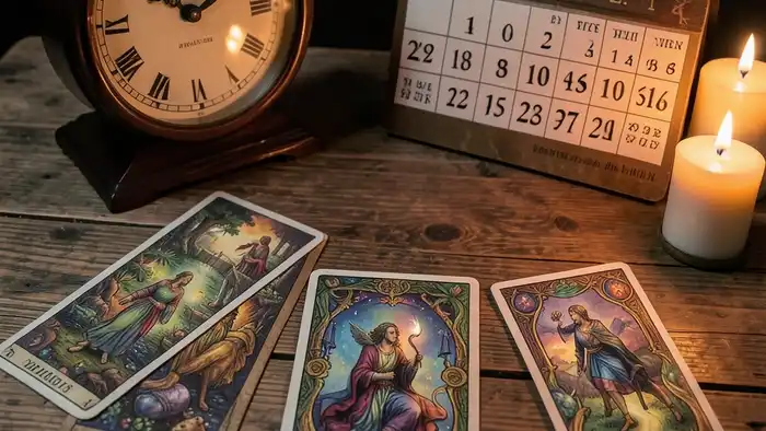 временные рамки в раскладе Таро — иллюстрация с картами и часами