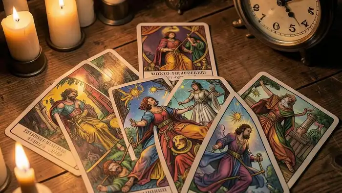 временные рамки в раскладе изображение с картами Таро и часами