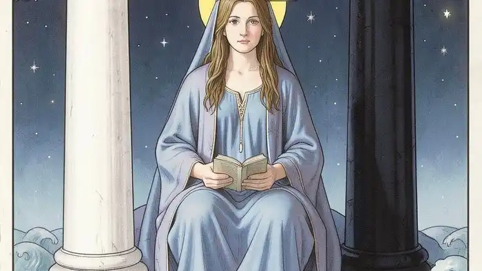 Жрица ситуация таро — архетип молчаливой мудрости, сидящая между двумя колоннами, с книгой и луной