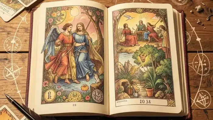журнал раскладов таро — иллюстрация с картами Таро и записной книгой