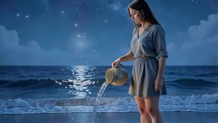 Звезда карта года таро — женщина у озера, разливающая воду из двух кувшинов под звёздным небом