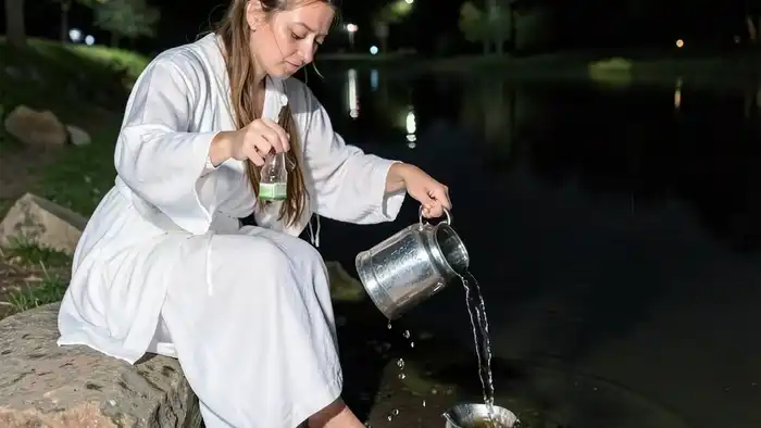 Звезда карта года таро: женщина выливает воду в озеро и на землю под звёздным небом